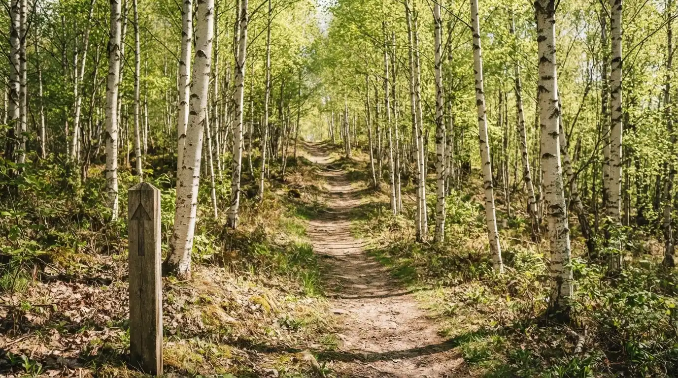 Ein Wanderweg führt zwischen hellen Birken bergauf, Sonnenstrahlen fallen durch das Laub auf den Boden.