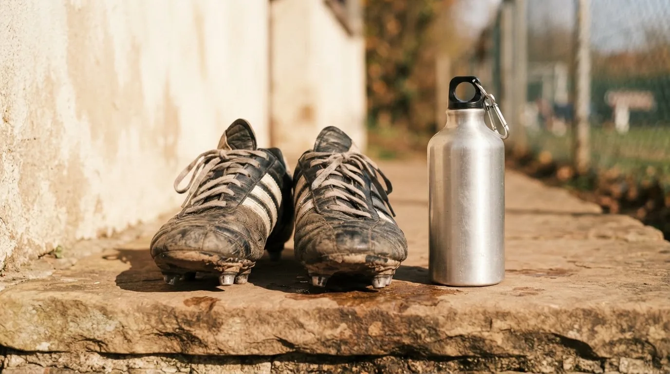 Ein Paar abgetragene Fussballschuhe steht neben einer Wasserflasche auf einer Treppenstufe im Sonnenlicht.