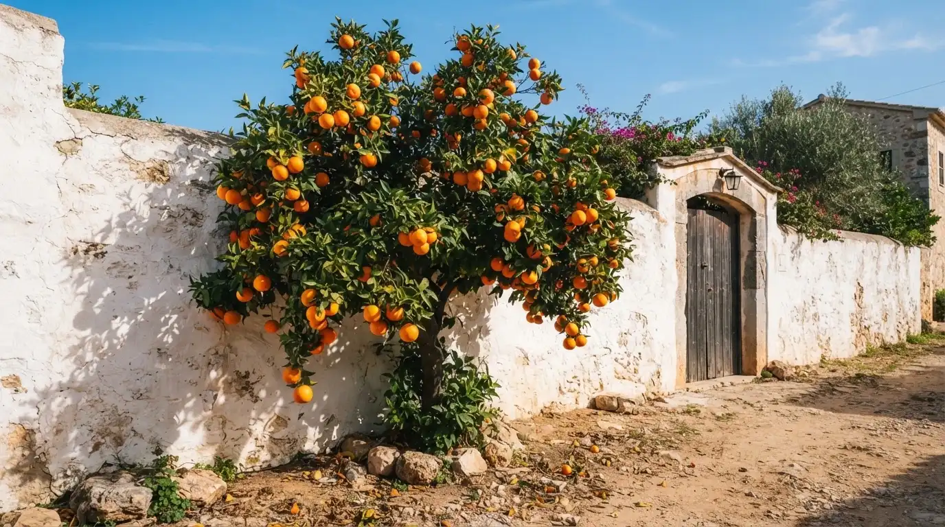 Ein Orangenbaum mit reifen Früchten wächst an einer weissen Mauer unter blauem Himmel.