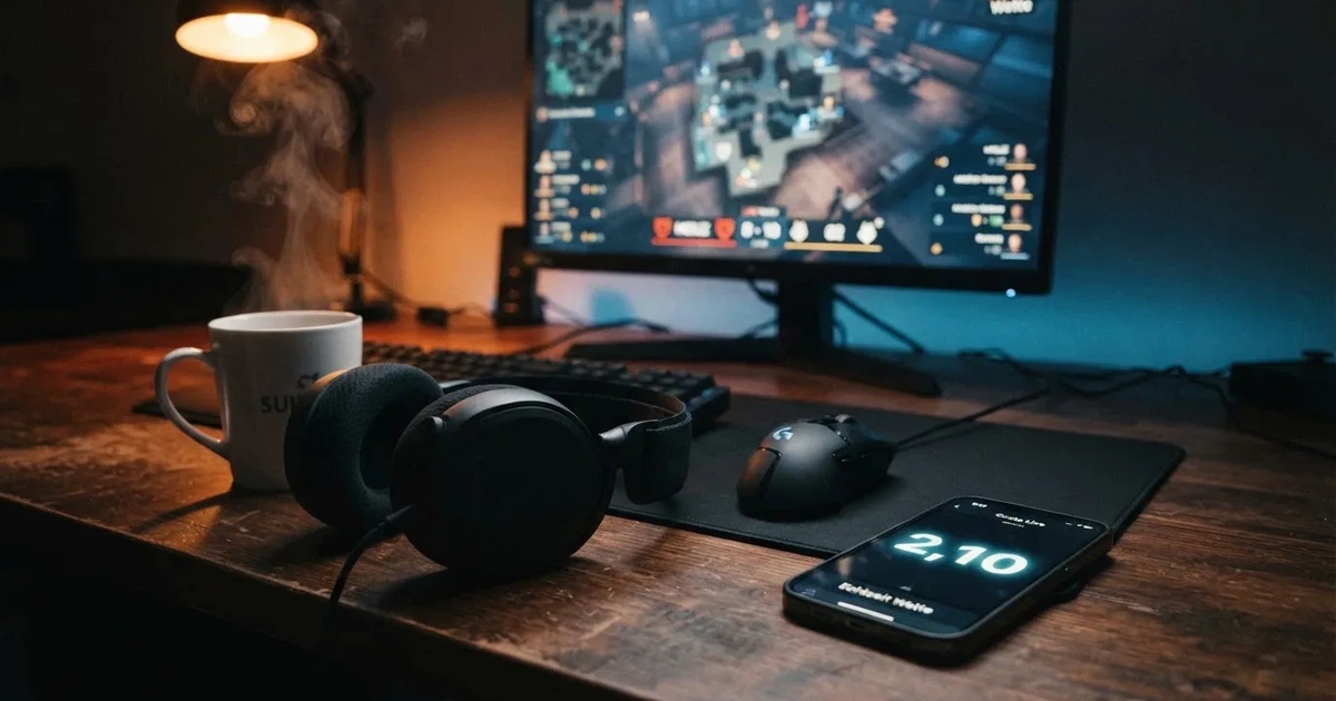 Ein Headset und eine Computermaus liegen auf einem dunklen Schreibtisch, daneben ein Becher mit dampfendem Tee.