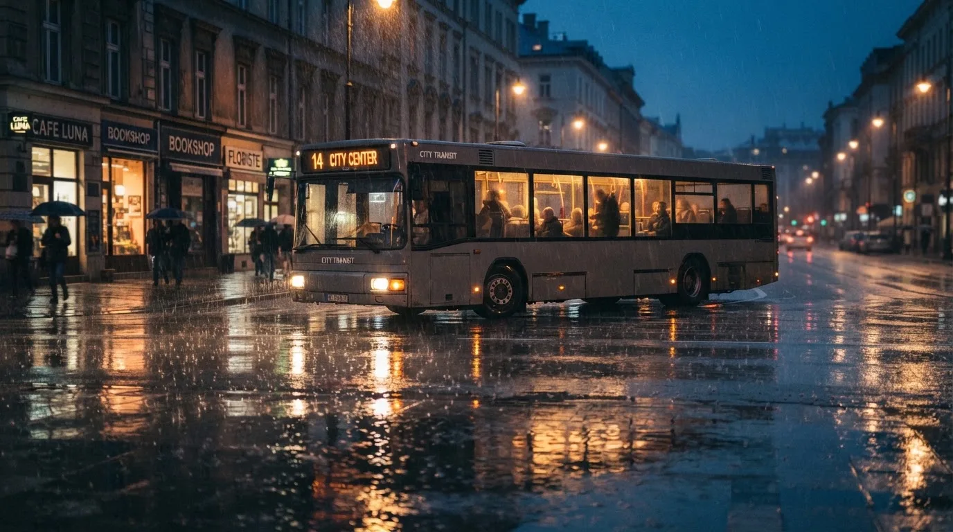 Ein Stadtbus fährt an einem regnerischen Abend durch eine Strasse mit Pfützen, die Lichter spiegeln sich im Asphalt.