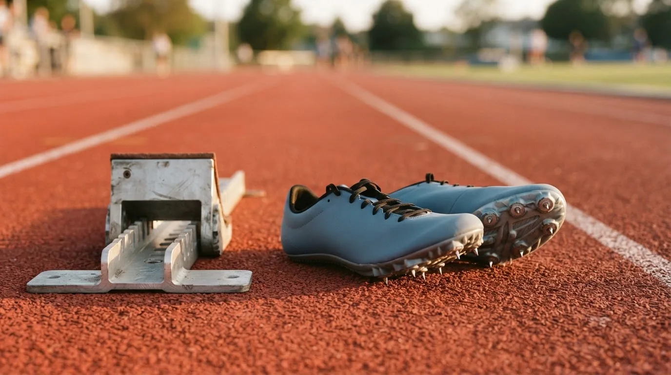 Ein Paar Laufschuhe mit Spikes liegt auf einer Tartanbahn neben einem Startblock, die Linien verlaufen in die Ferne.