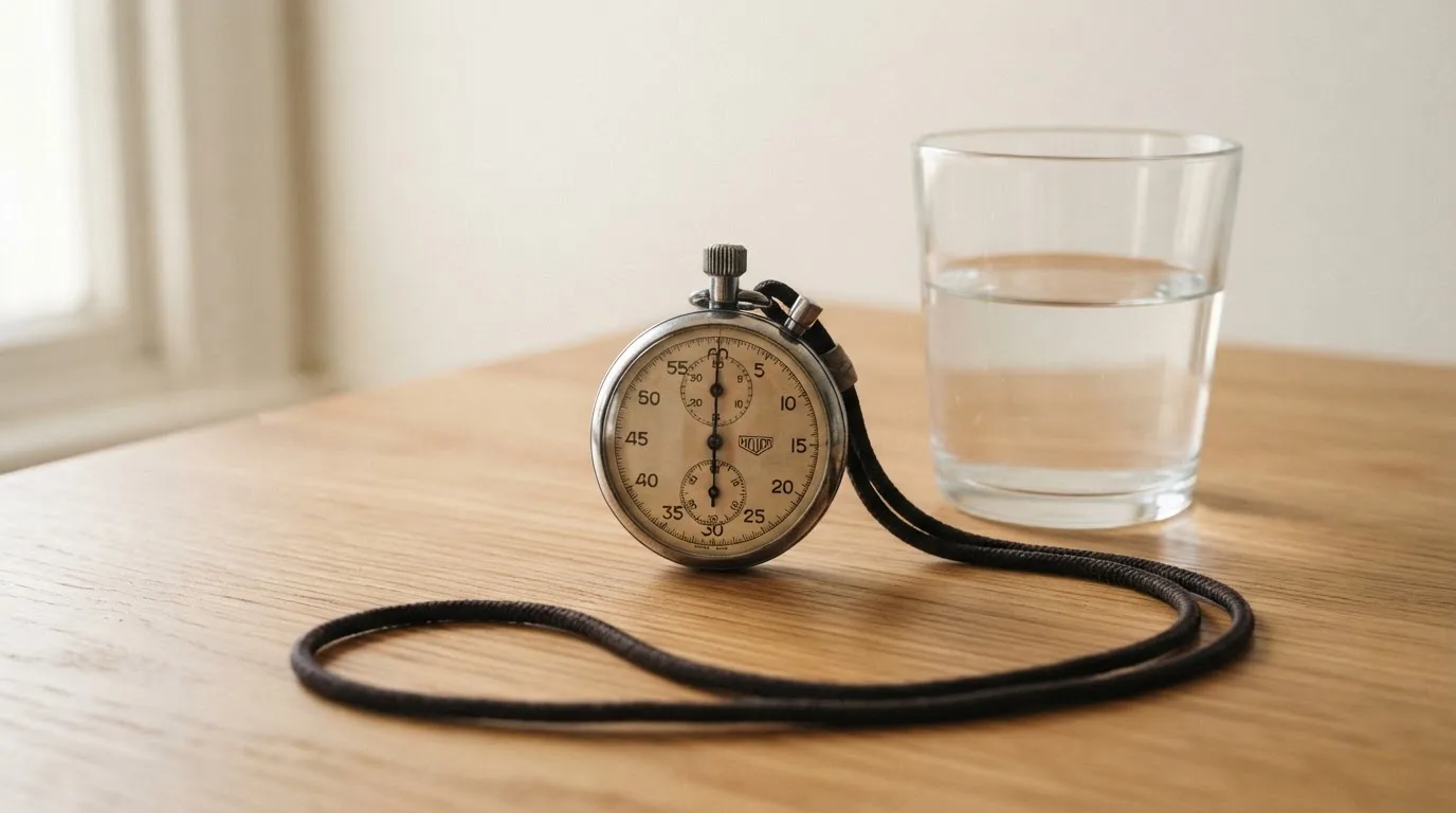 Eine Stoppuhr an einer Schnur liegt auf einem Holztisch neben einem Wasserglas, das Licht ist ruhig.
