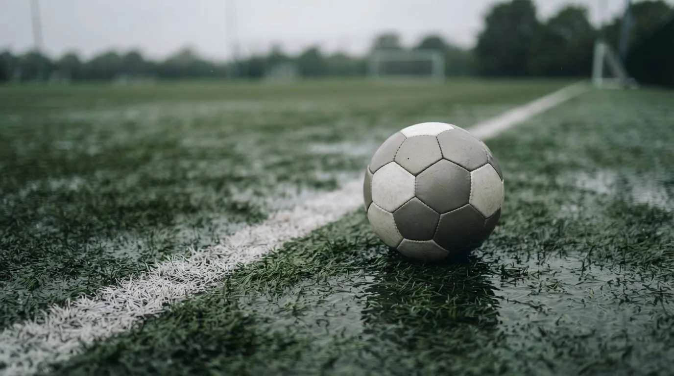 Ein Fussball liegt auf nassem Kunstrasen neben einer weissen Linie, Pfützen spiegeln den Himmel.