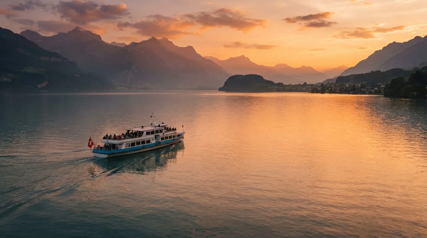 Eine Fähre gleitet bei Sonnenuntergang über einen ruhigen See, das Wasser glänzt in Orange.