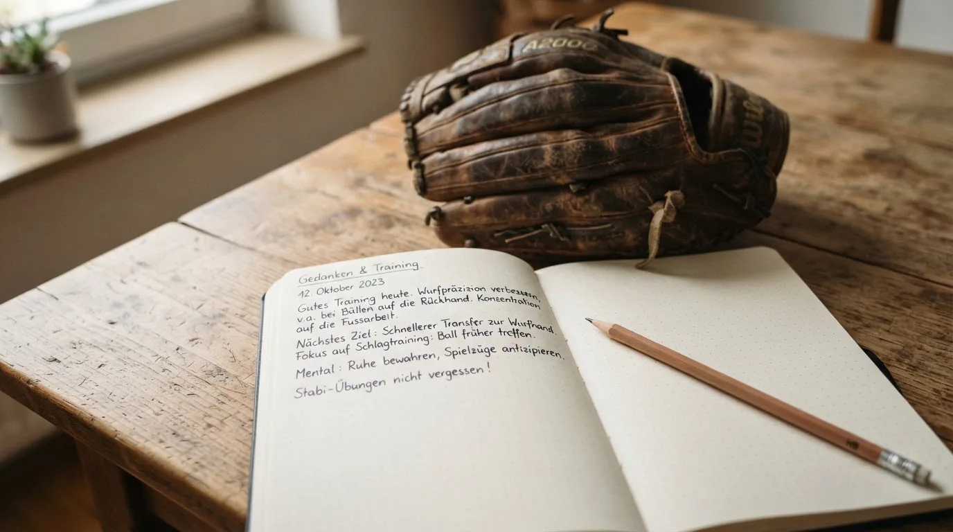 Ein aufgeschlagenes Notizbuch mit handgeschriebenen Notizen und ein Bleistift liegen auf einem Holztisch neben einem abgegriffenen Baseballhandschuh.
