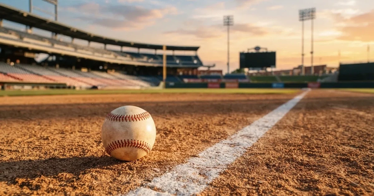 Ein weisser Baseball liegt auf rotbraunem Sand neben der Grundlinie eines leeren Stadions im warmen Abendlicht, die Ränge sind verlassen.