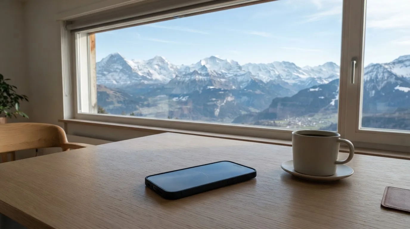 Ein Smartphone mit dunklem Bildschirm liegt auf einem hellen Schreibtisch neben einer Tasse, durch das Fenster dahinter sieht man eine Bergkette.