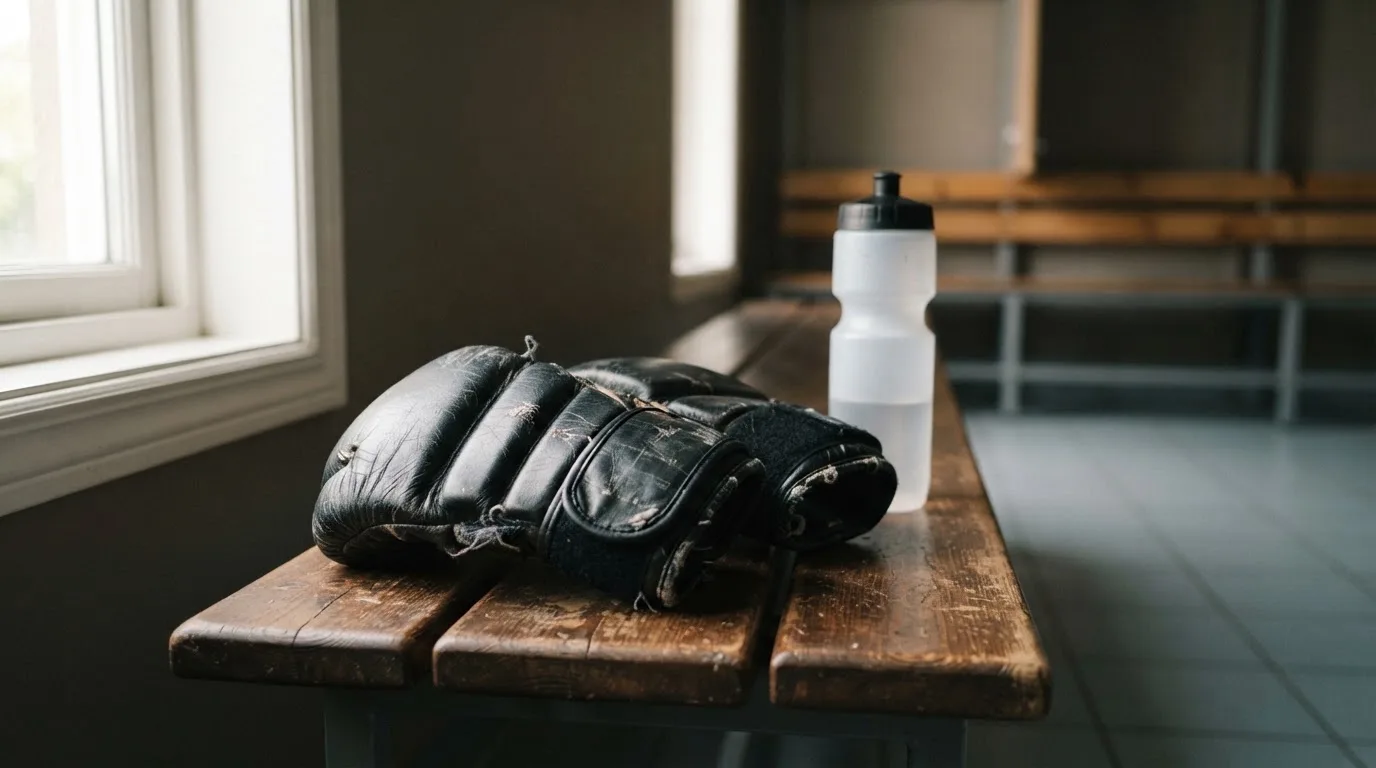 Ein Paar Kampfsporthandschuhe liegt auf einer Holzbank neben einer Wasserflasche in einer ruhigen Umkleide, durch ein hohes Fenster fällt Tageslicht.