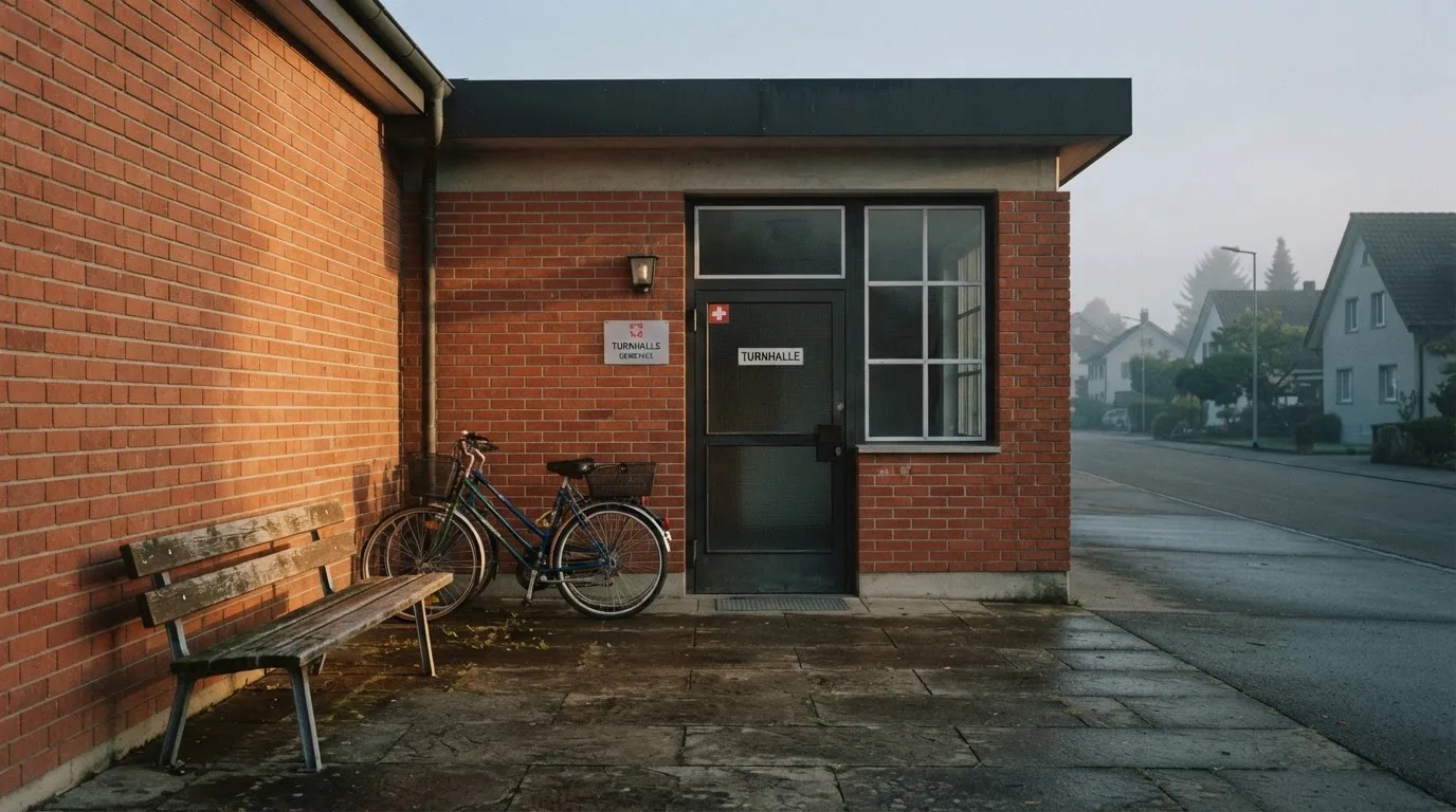 Eine Holzbank steht vor dem Eingang einer Turnhalle am frühen Morgen, daneben lehnen zwei Fahrräder an einer Backsteinwand.