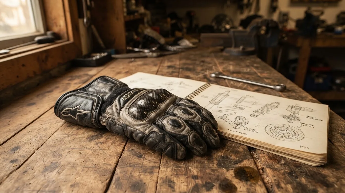 Ein Motorradhandschuh aus Leder liegt auf einer Werkbank neben einem Block mit handgezeichneten Skizzen und einem Schraubenschlüssel.