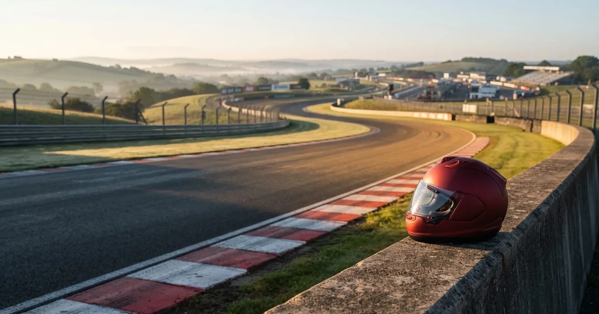 Eine leere Rennstrecke mit rot-weissen Randsteinen im Morgenlicht, im Hintergrund sanfte Hügel und ein einzelner Motorradhelm auf einer niedrigen Mauer.