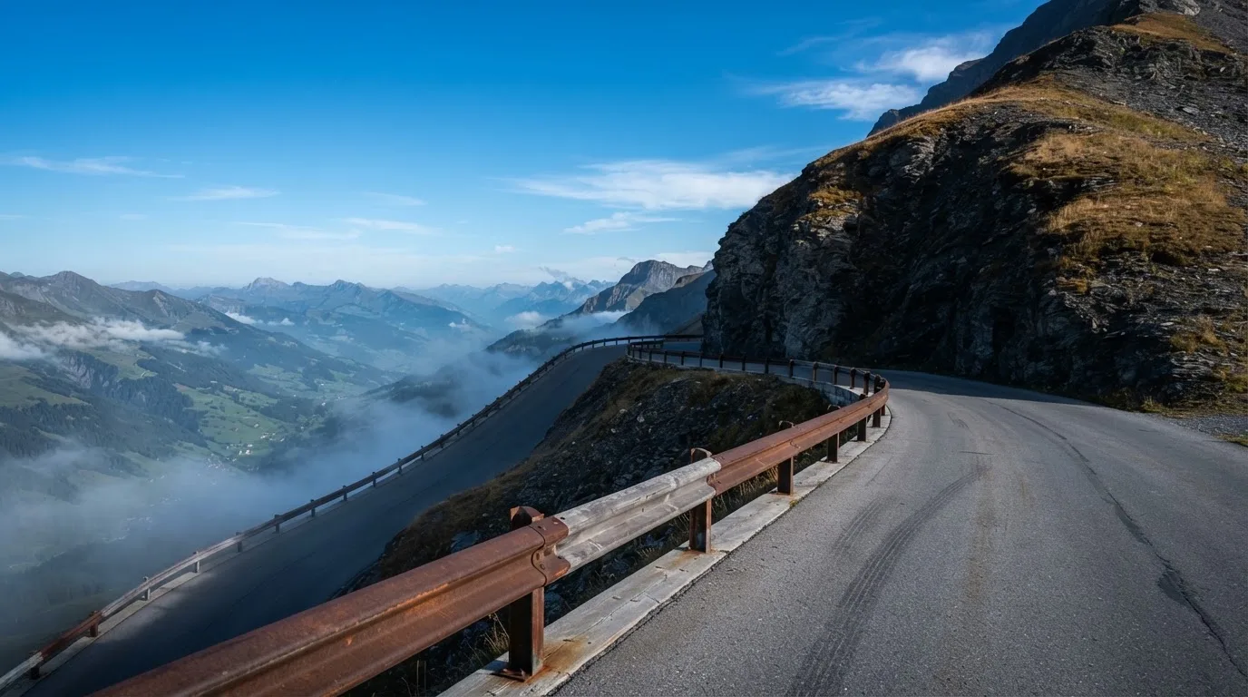 Eine Passstrasse in den Alpen mit enger Kurve und Leitplanke, darüber ein klarer Morgenhimmel und einzelne Nebelschwaden im Tal.