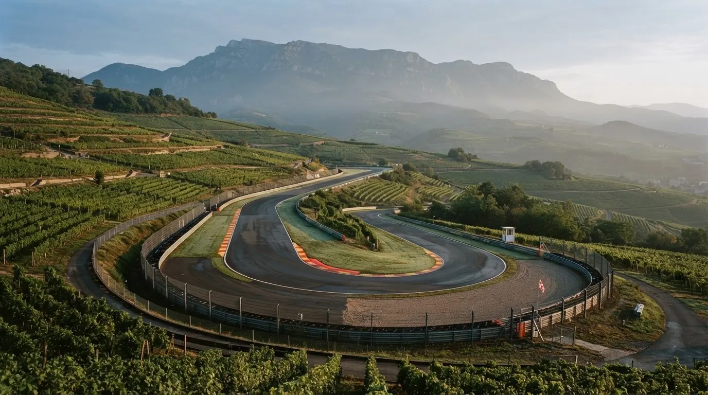 Eine Rennstrecke aus der Ferne zwischen Weinbergen und einer Bergkette, Dunst liegt am frühen Morgen über dem Asphalt.