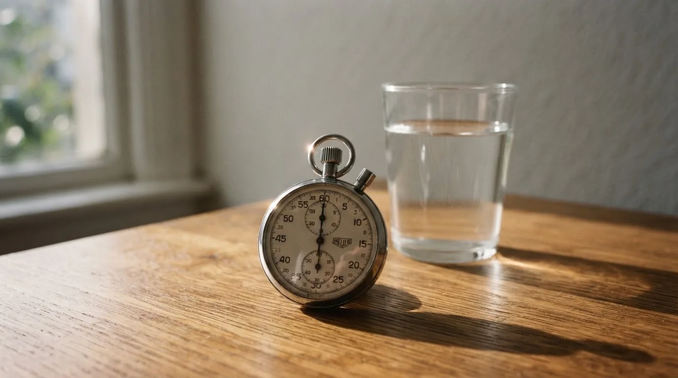 Eine Stoppuhr aus Metall liegt auf einem Holztisch neben einem Glas Wasser, das Licht fällt von der Seite durch ein Fenster.
