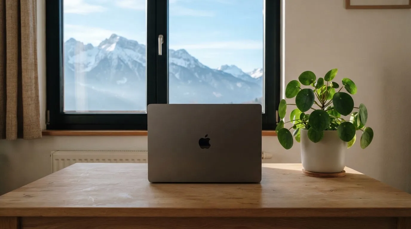 Ein Schreibtisch mit einem geschlossenen Laptop und einer Zimmerpflanze vor einem Fenster mit Blick auf eine Bergkette im Morgenlicht.