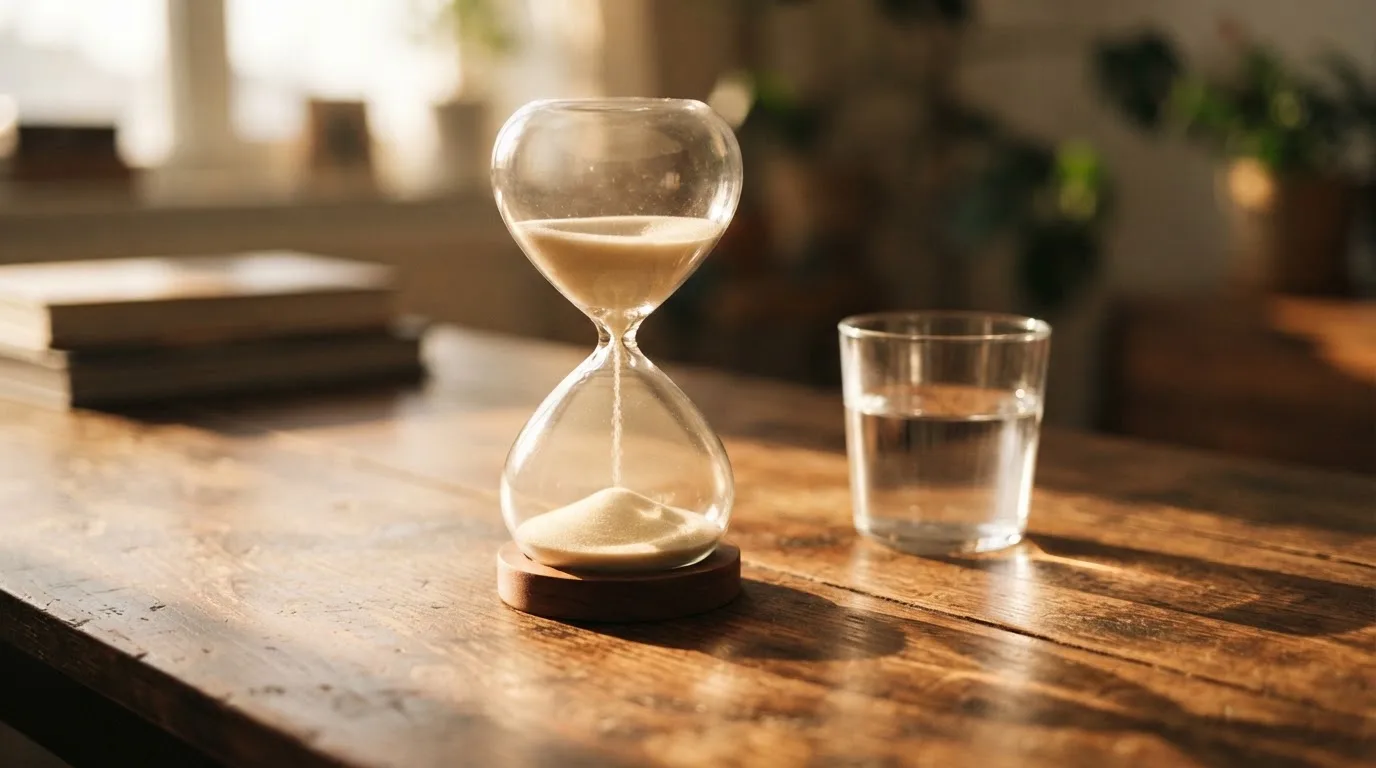 Eine Sanduhr steht auf einem Holztisch neben einem Glas Wasser, schräges Morgenlicht wirft einen langen Schatten über die Tischplatte.