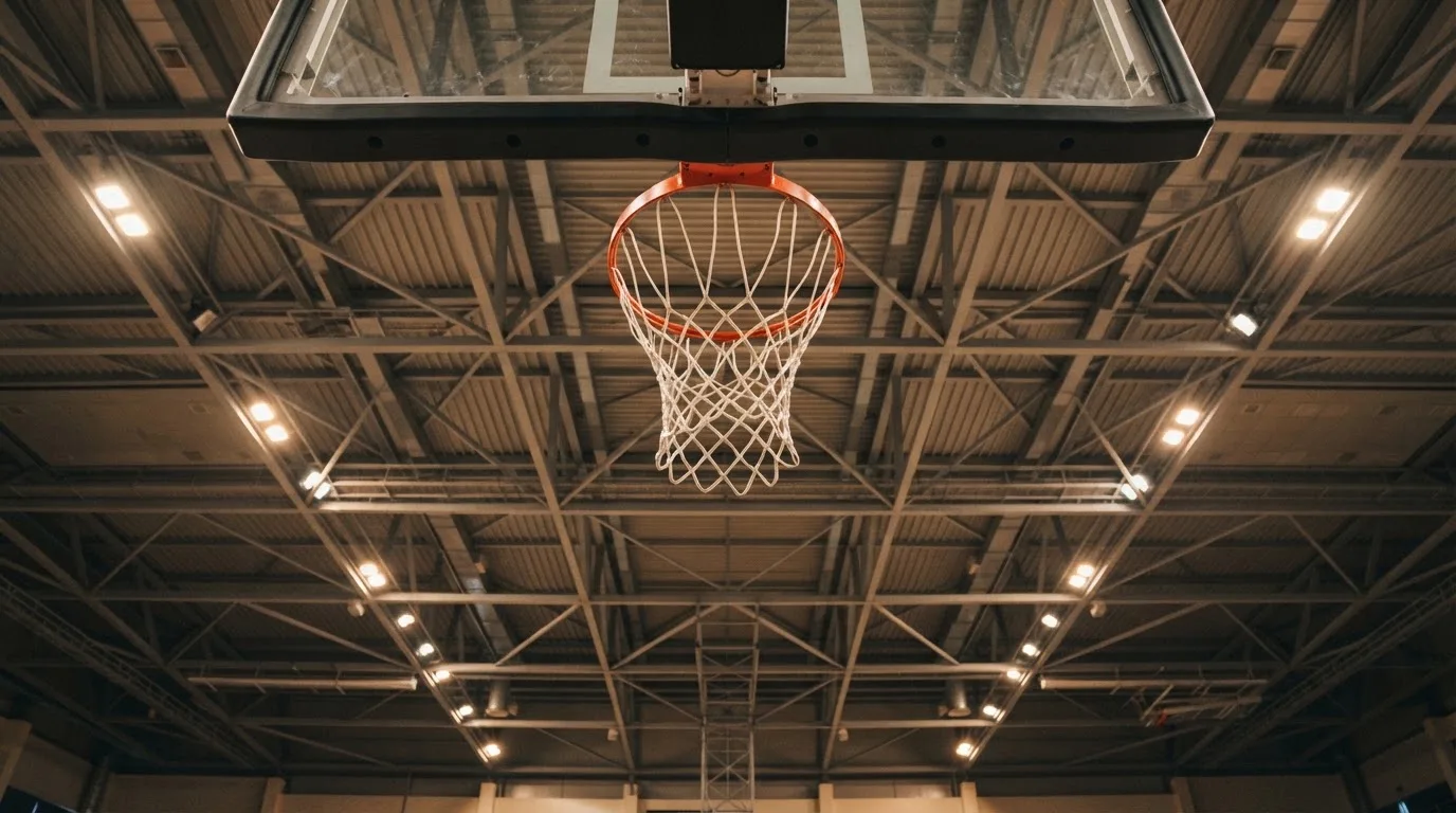 Ein Basketballkorb von unten gesehen, darüber eine Hallendecke mit Scheinwerfern und Stahlträgern.