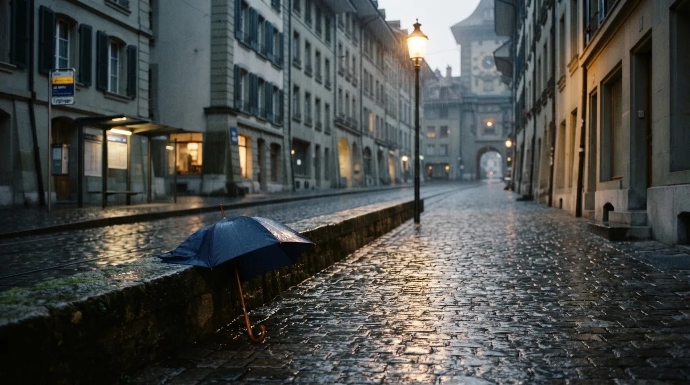 Eine Tramhaltestelle bei Regen in einer Altstadtgasse, das Kopfsteinpflaster glänzt und ein einzelner Regenschirm lehnt an einem Mäuerchen.