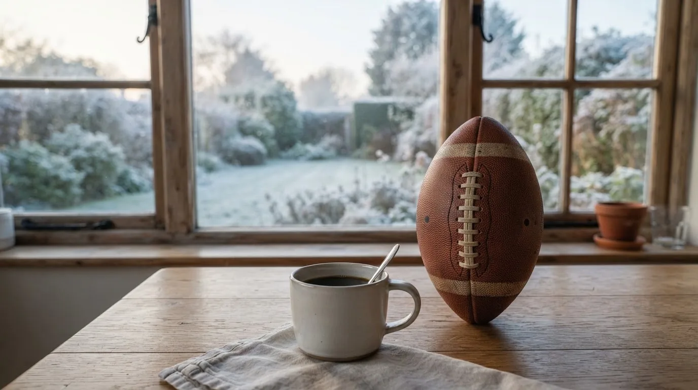 Ein Kaffeebecher und ein Football stehen auf einem Küchentisch am Morgen, durch das Fenster sieht man einen Garten mit Raureif.