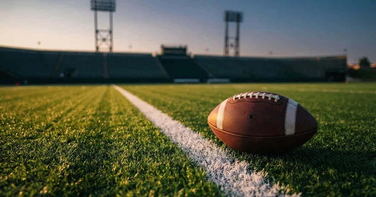 Ein ovaler Football liegt auf frisch gemähtem Rasen neben einer weissen Linie, im Hintergrund stehen leere Flutlichtmasten im Abendlicht.