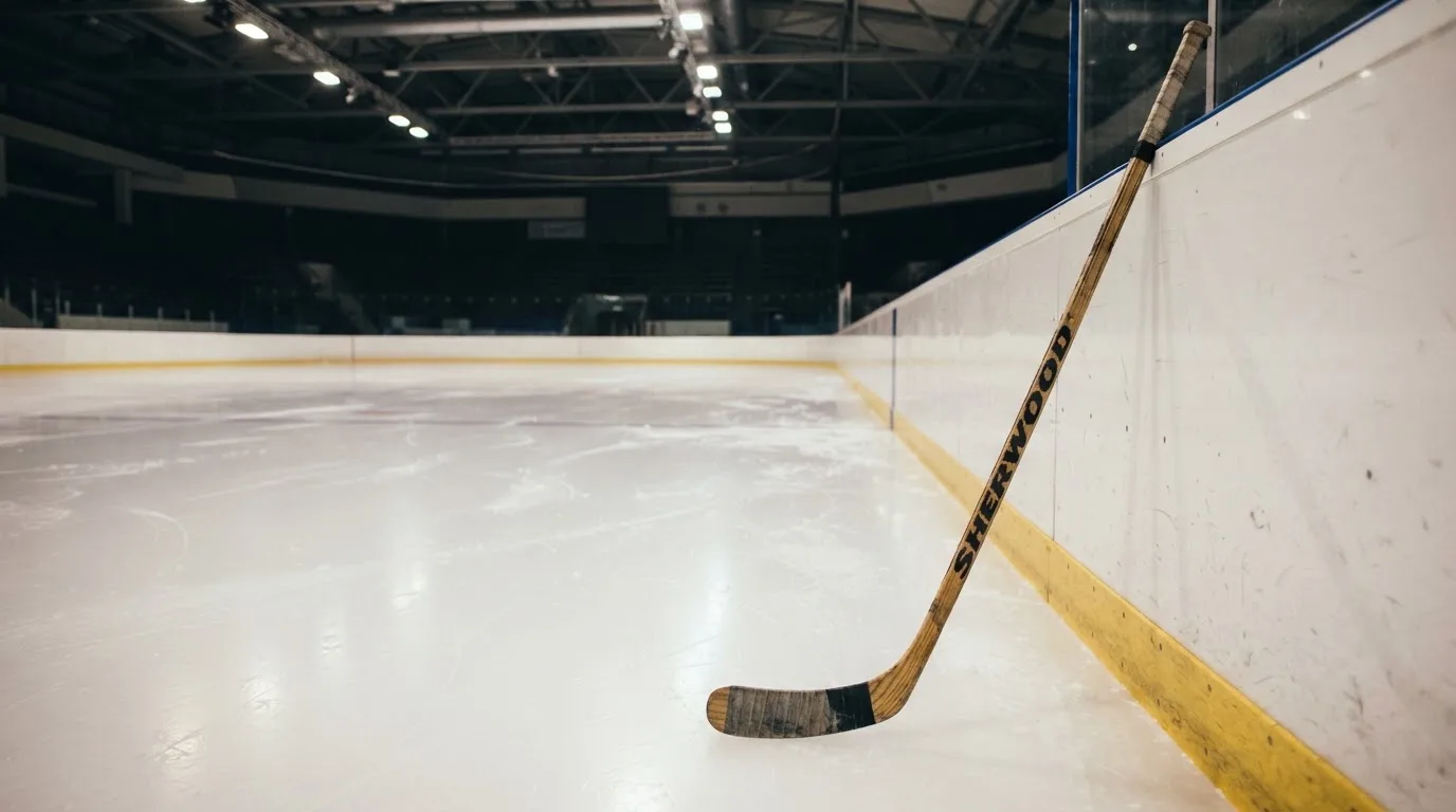 Ein Eishockeyschläger lehnt an der Bande, in der Ferne liegt die hell beleuchtete Eisfläche einer Halle unter Flutlicht.