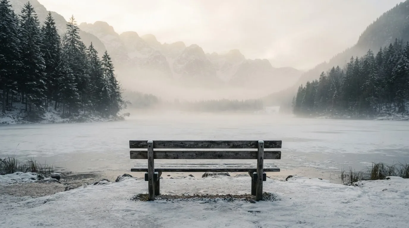 Ein zugefrorener Bergsee im Morgendunst, am Ufer steht eine einsame Holzbank zwischen verschneiten Tannen.