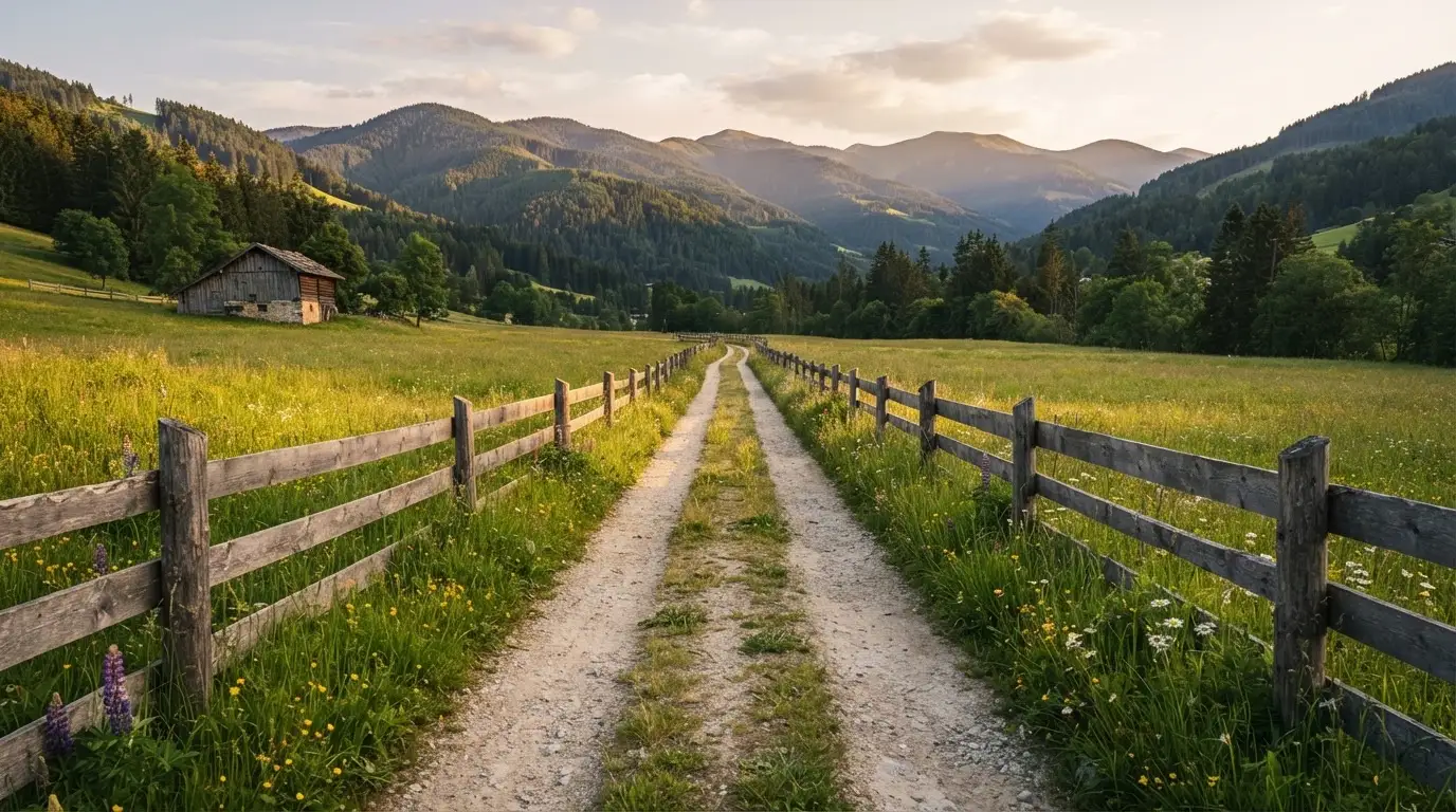 Ein Feldweg führt zwischen Weiden mit Holzzaun auf eine Hügelkette zu, über den Wiesen liegt weiches Abendlicht.