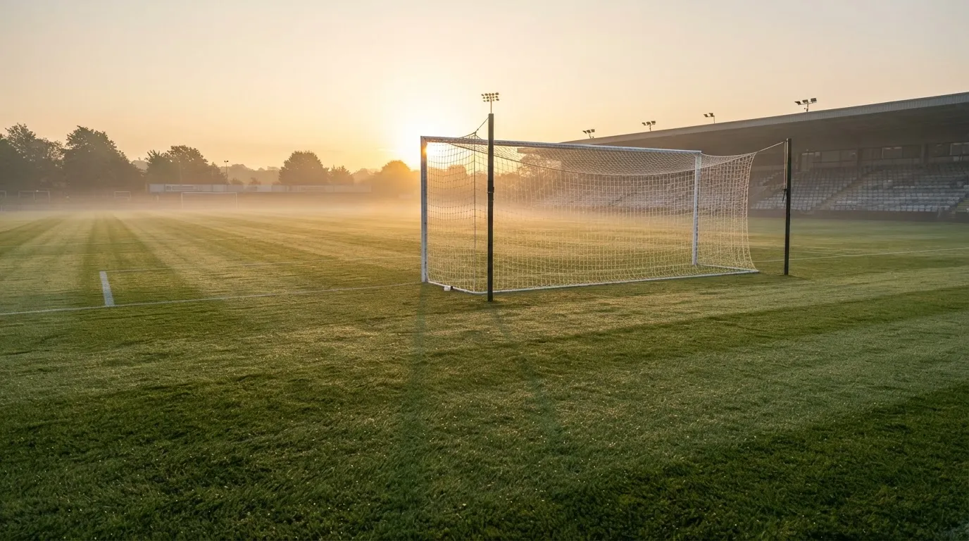 Ein Fussballtor mit Netz in der Totalen auf einem leeren Platz, Tau glänzt im Gras und die Morgensonne steht tief.