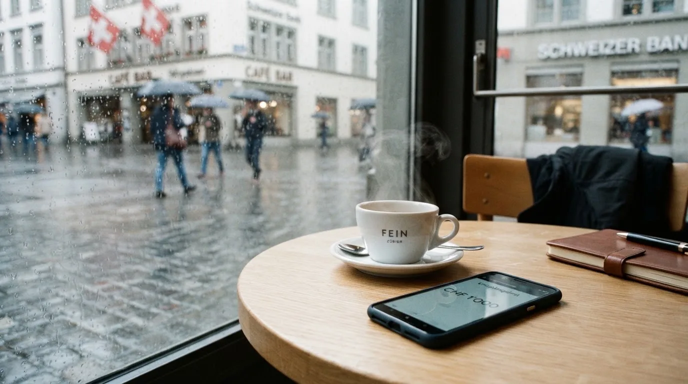 Ein Café-Tisch am Fenster mit einer Teetasse, draussen ein nasser Gehweg und Passanten mit Regenschirmen in unscharfer Ferne.
