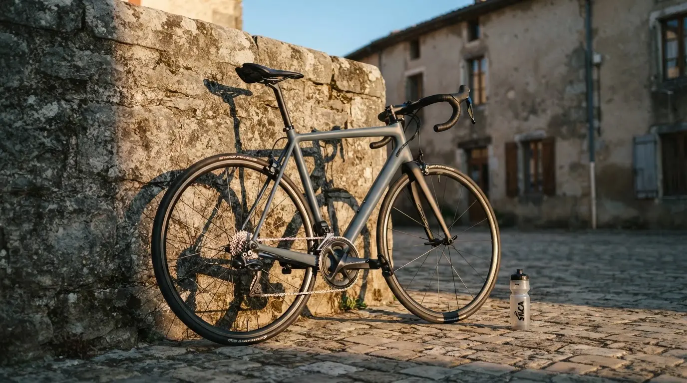 Ein Rennrad lehnt an einer Steinmauer am Rand eines Dorfplatzes, daneben eine Trinkflasche im ersten Sonnenlicht.