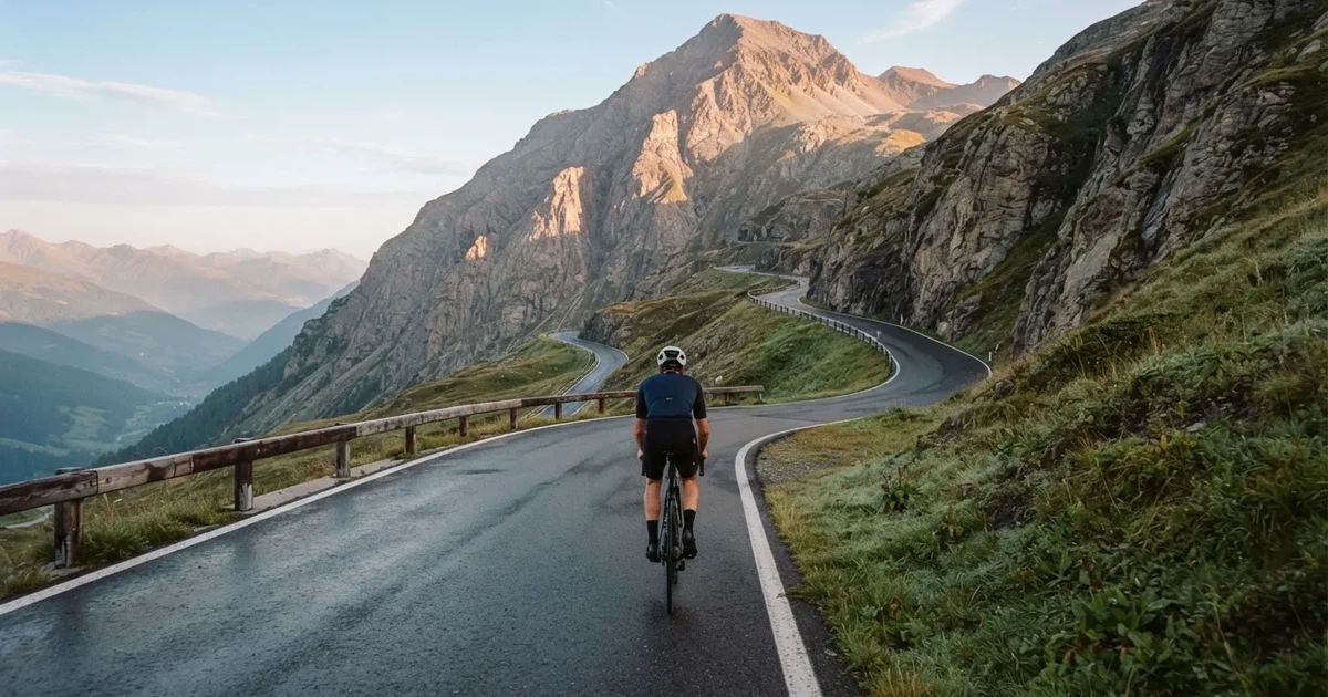 Eine Landstrasse schlängelt sich einen Alpenpass hinauf, am Strassenrand liegt feuchtes Gras und die Morgensonne färbt die Felsen.