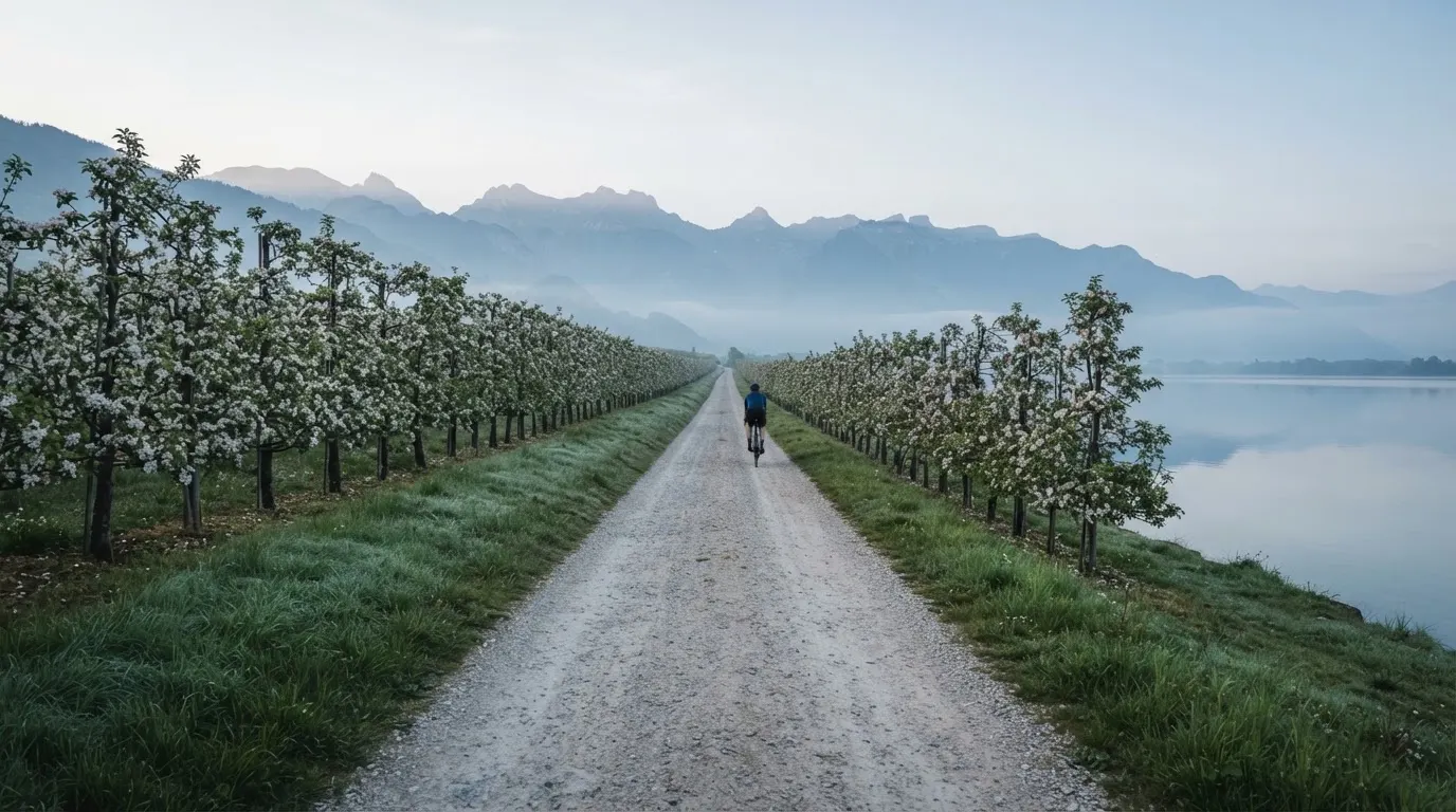 Ein langer Kiesweg zwischen Obstbäumen am Seeufer, im Hintergrund die Silhouette von Bergen im Dunst eines frühen Morgens.