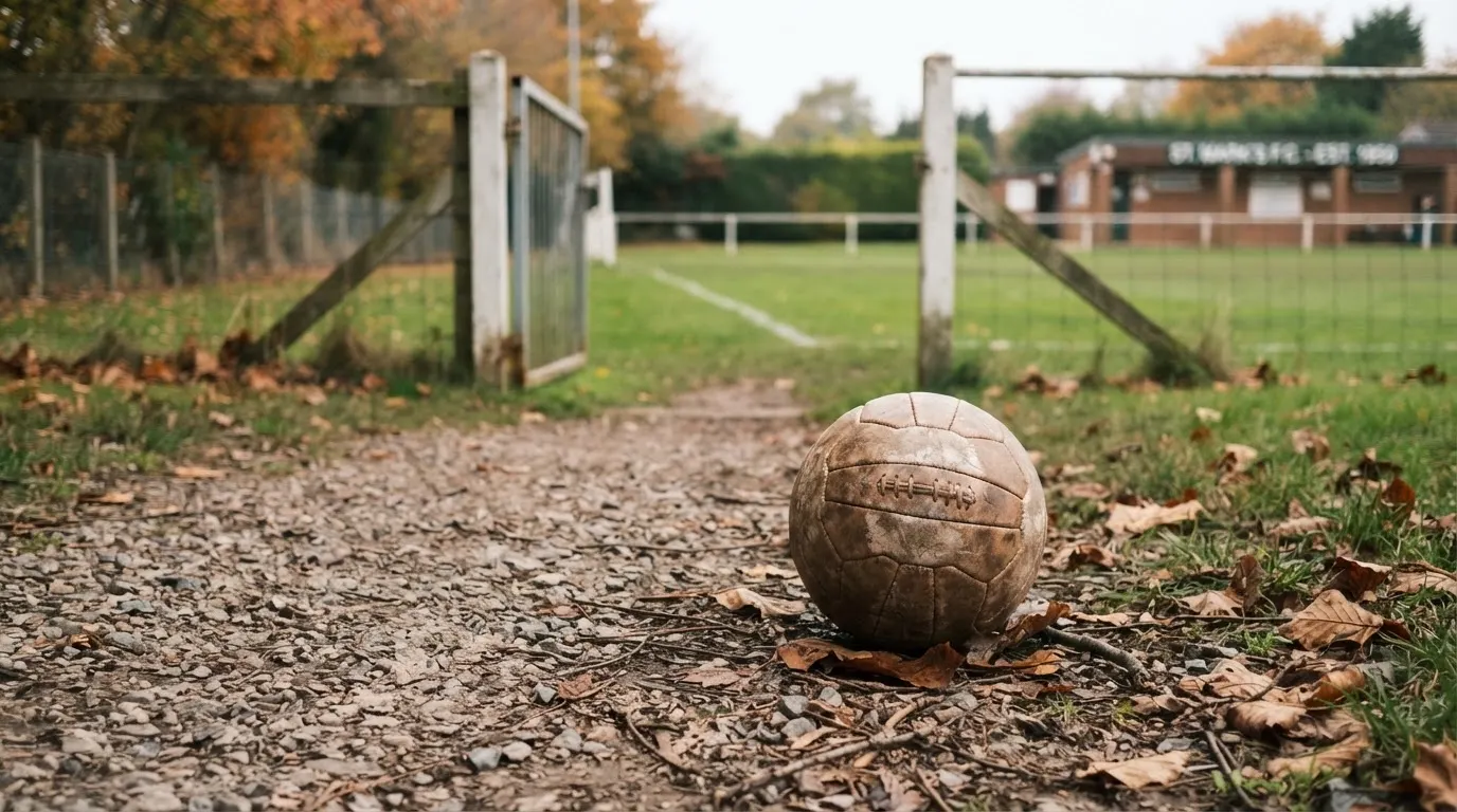 Ein abgenutzter Fussball liegt auf einem Kiesweg neben dem Eingang eines Vereinsplatzes, Laub liegt auf dem Boden.