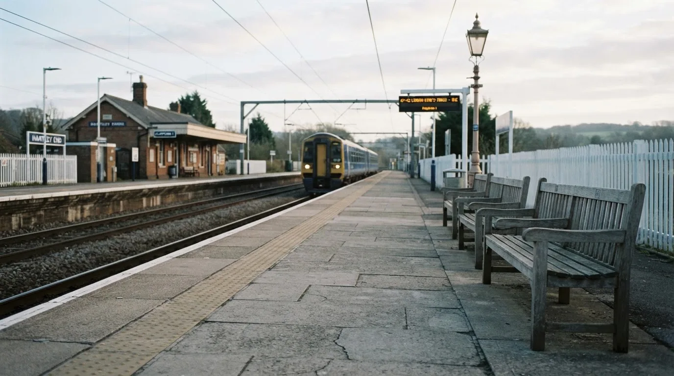 Ein Bahnsteig mit leeren Bänken an einem Regionalbahnhof am Morgen, ein Zug fährt in der Ferne ein.