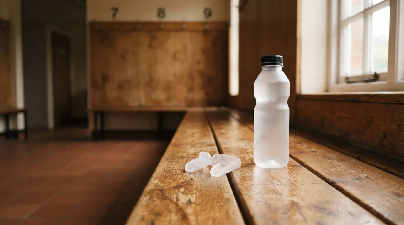 Ein Mundschutz liegt auf einer Holzbank neben einer Trinkflasche in einer schlichten Kabine, durch das Fenster fällt Morgenlicht.