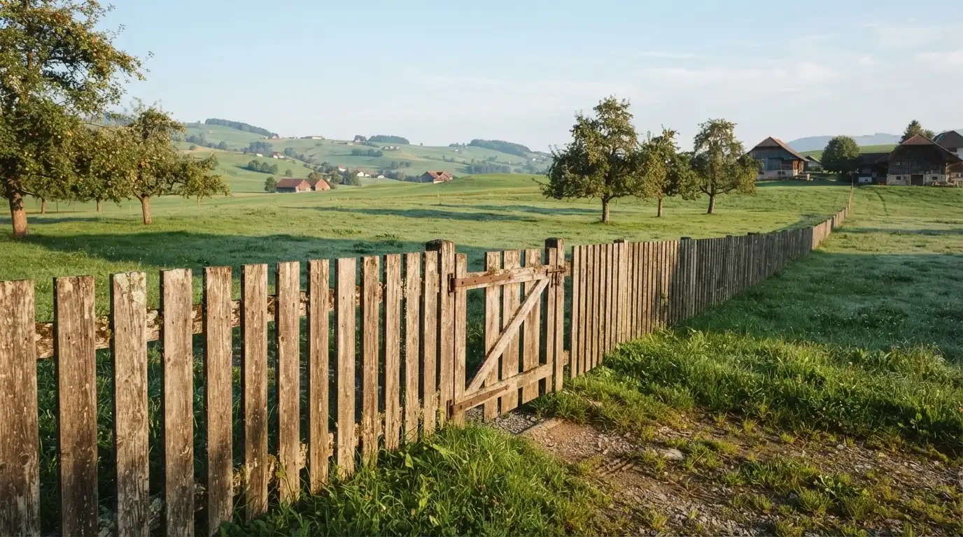 Ein Gartenzaun aus Holz an einer Hofeinfahrt, dahinter eine Wiese mit einzelnen Apfelbäumen im klaren Morgenlicht.