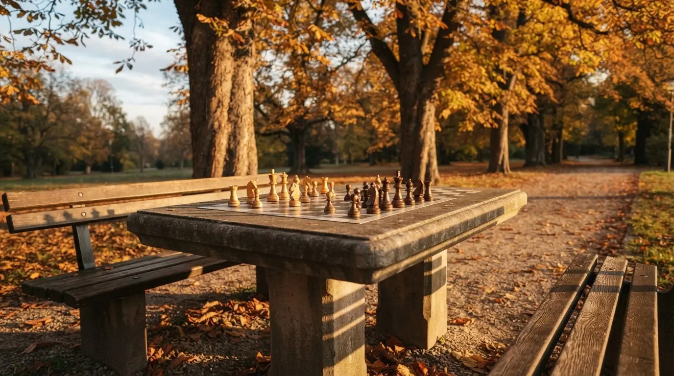 Ein Parkbank-Tisch mit eingelassenem Spielfeld unter alten Kastanien, auf den Wegen liegt Laub und die Sonne steht tief.