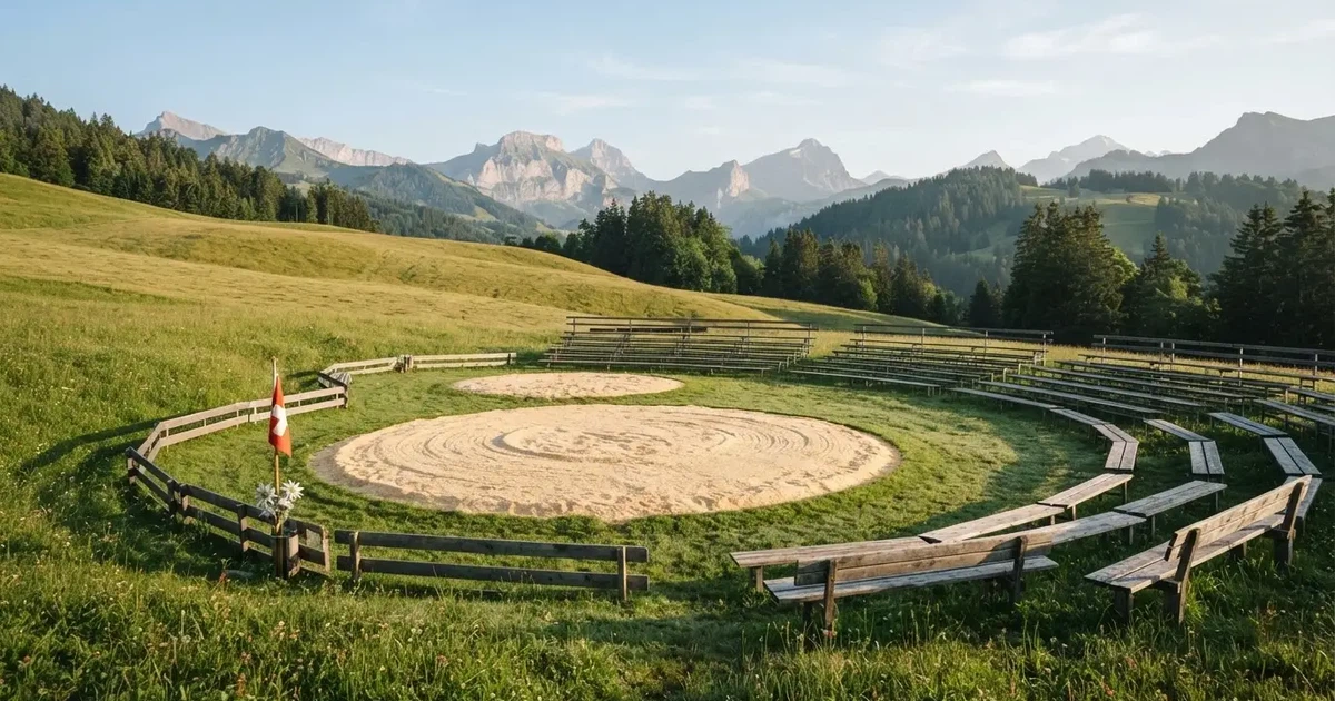 Ein kreisrunder Sägemehlring auf einer Wiese in den Voralpen, leere Holzbänke ringsum, im Hintergrund Berge im Morgenlicht.