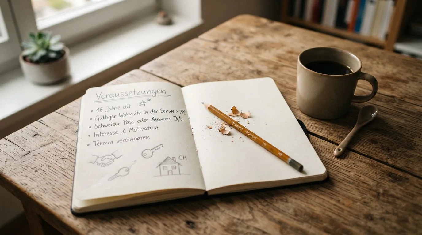 Ein aufgeschlagenes Notizbuch mit handschriftlichen Skizzen neben einem Bleistift und einer Kaffeetasse auf einem Holztisch.