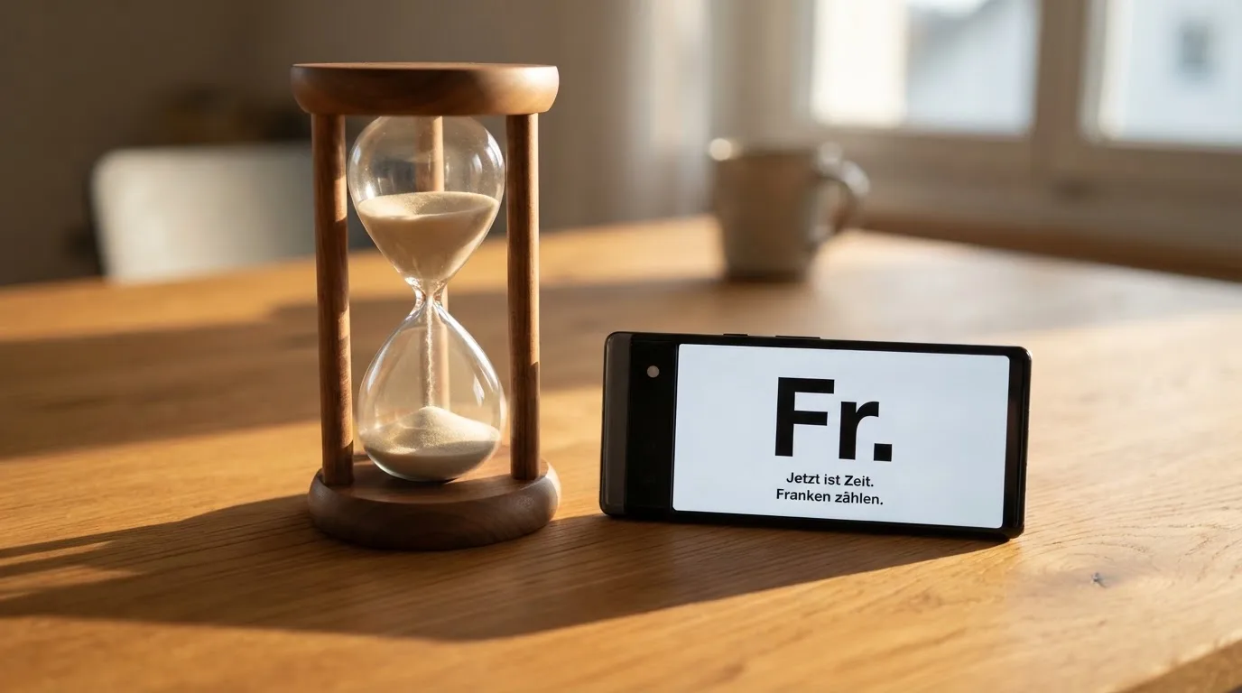 Eine Sanduhr steht auf einem Holztisch neben einem umgedrehten Smartphone, warmes Licht fällt von der Seite ein.