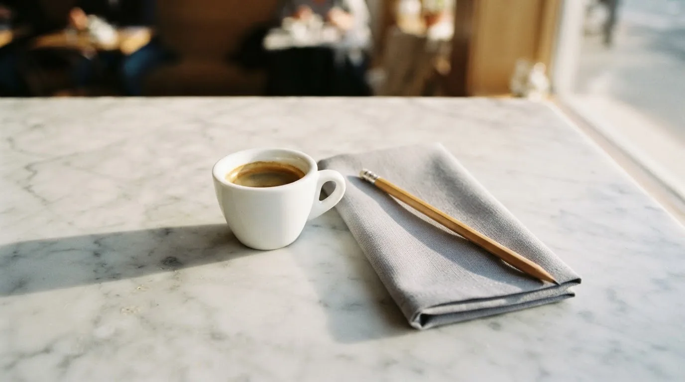 Eine Espressotasse und ein Bleistift liegen auf einem Caféhaustisch neben einer gefalteten Stoffserviette im Licht der Morgensonne.