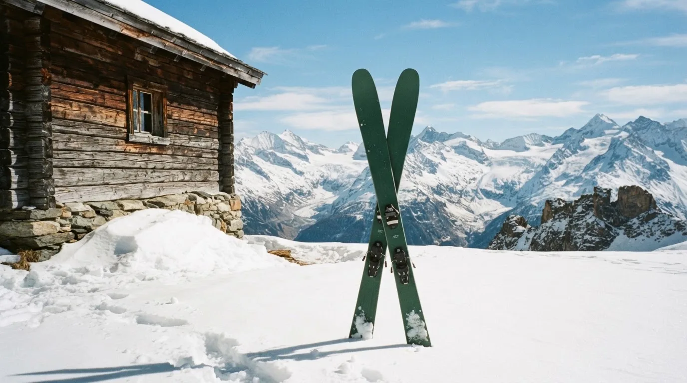 Zwei Skier stecken aufrecht im Schnee neben einer Holzhütte, dahinter ein weites Alpenpanorama bei klarem Himmel.