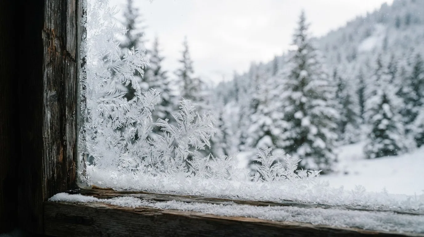 Ein vereistes Fenster einer Berghütte mit Blick auf verschneite Tannen im blassen Winterlicht.