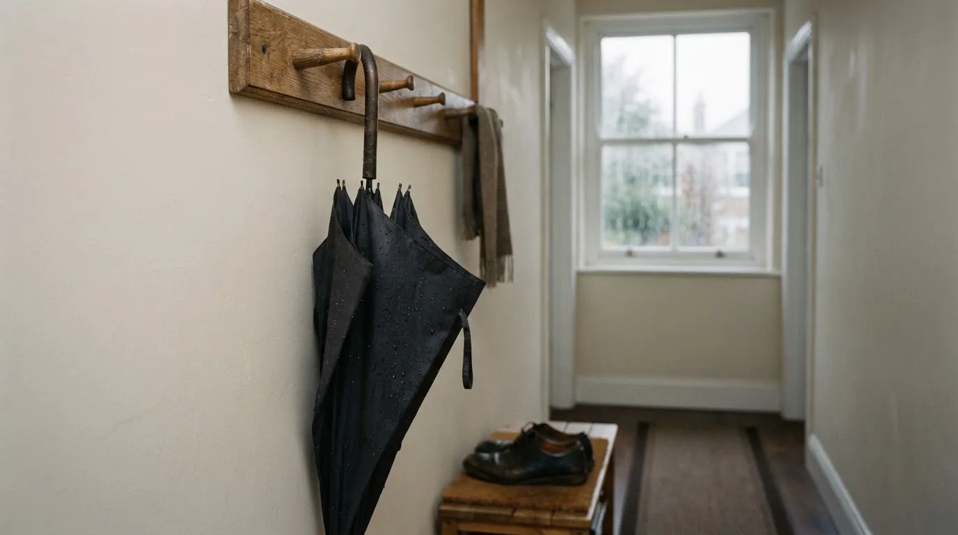 Eine Garderobe aus Holz mit einem dunklen Regenschirm in einem stillen Korridor, am Fenster rinnt Regen herunter.