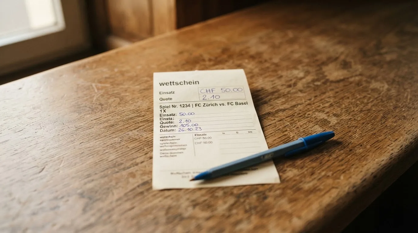 Ein leerer Wettschein aus Papier und ein Kugelschreiber liegen auf einer hölzernen Theke im Nachmittagslicht.