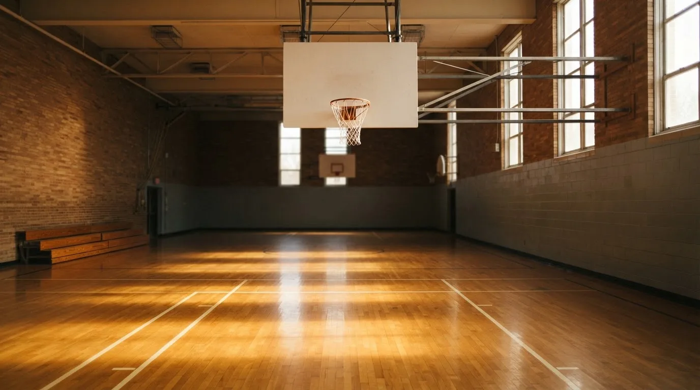 Ein Basketballkorb hängt in einer leeren Turnhalle, durch hohe Fenster fällt Licht auf das Holzparkett.