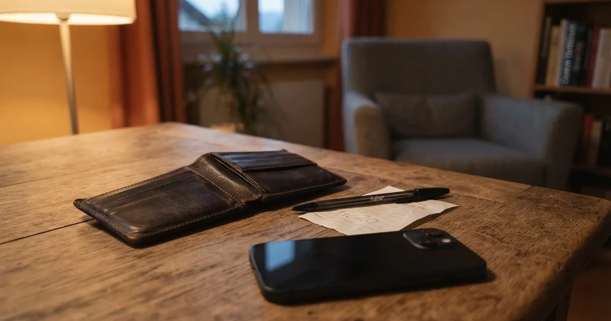 Eine leere Geldbörse aus Leder liegt geöffnet auf einem Tisch, daneben ein Kugelschreiber und ein Smartphone mit dunklem Display.
