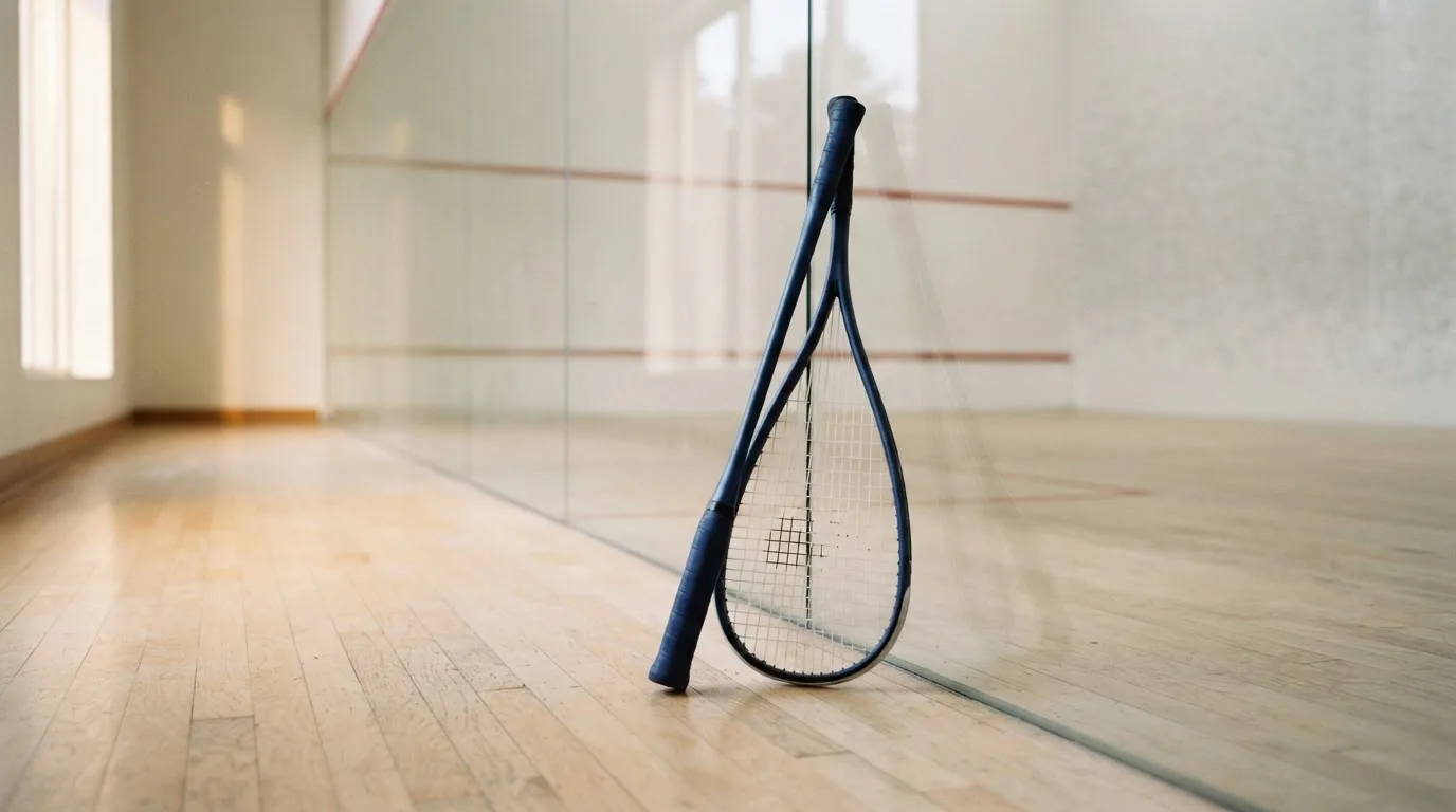 Ein Squashschläger lehnt an der Glaswand eines leeren Courts, draussen fällt Tageslicht in den Gang.