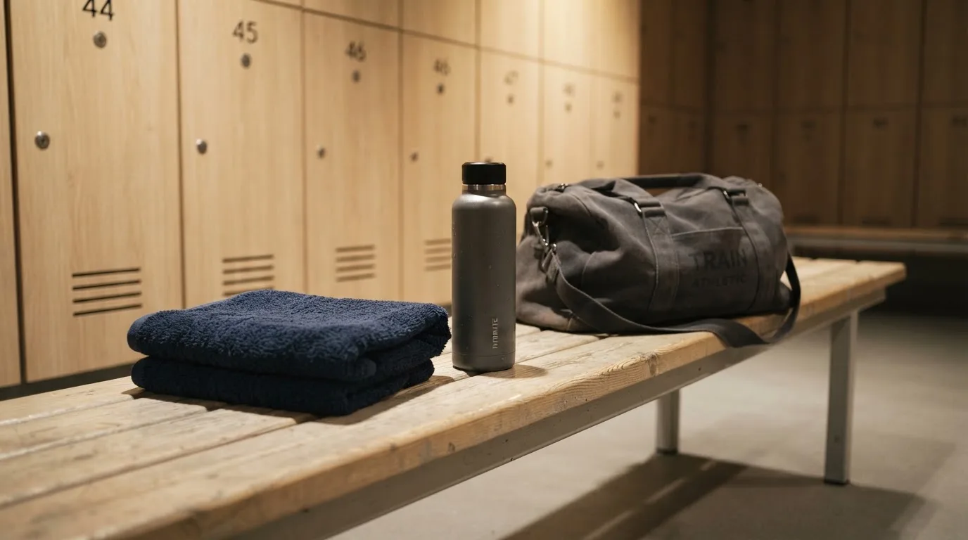 Ein Frottiertuch und eine Trinkflasche liegen auf einer Bank neben einer Sporttasche in einer ruhigen Garderobe.